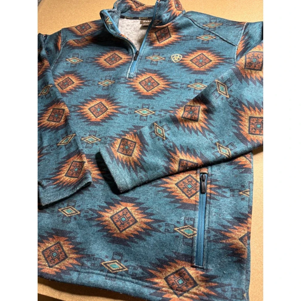 Ariat Mens Large Teal Blue Aztec Southwestern Quarter Zip Fleece Pullover Jacket